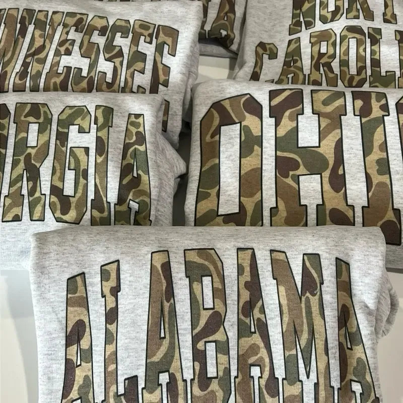Camo State College Varsity Name Camouflage Retro Graphic T-Shirt / Sweatshirt / Hoodie