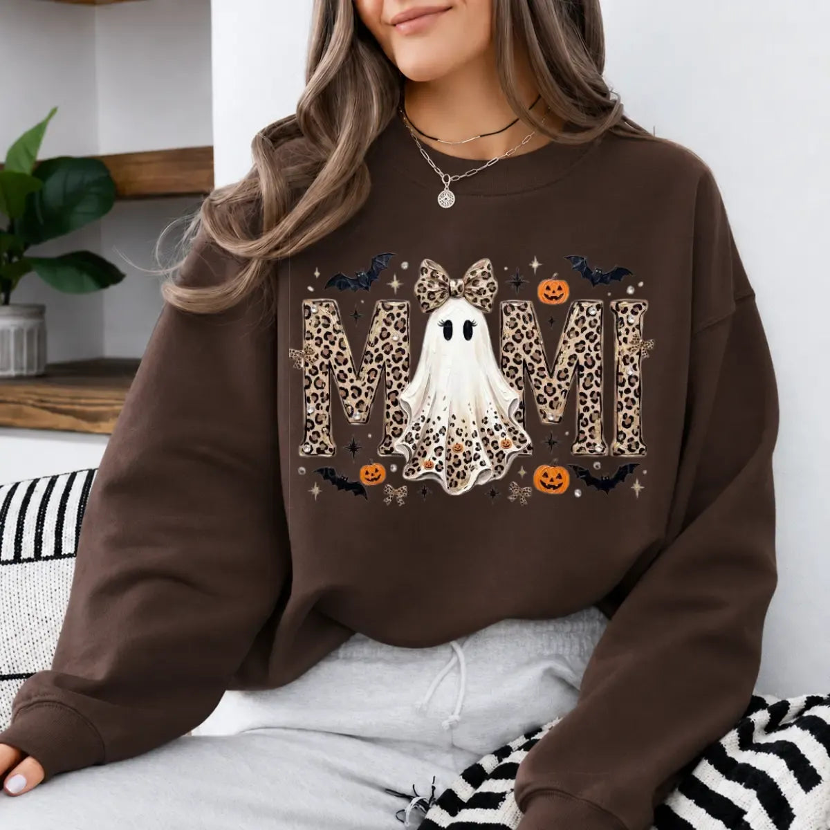 Custom Family Names Gigi Mimi Nana Mama Personalized Halloween Ghost Leopard Print T-Shirt / Sweatshirt / Hoodie