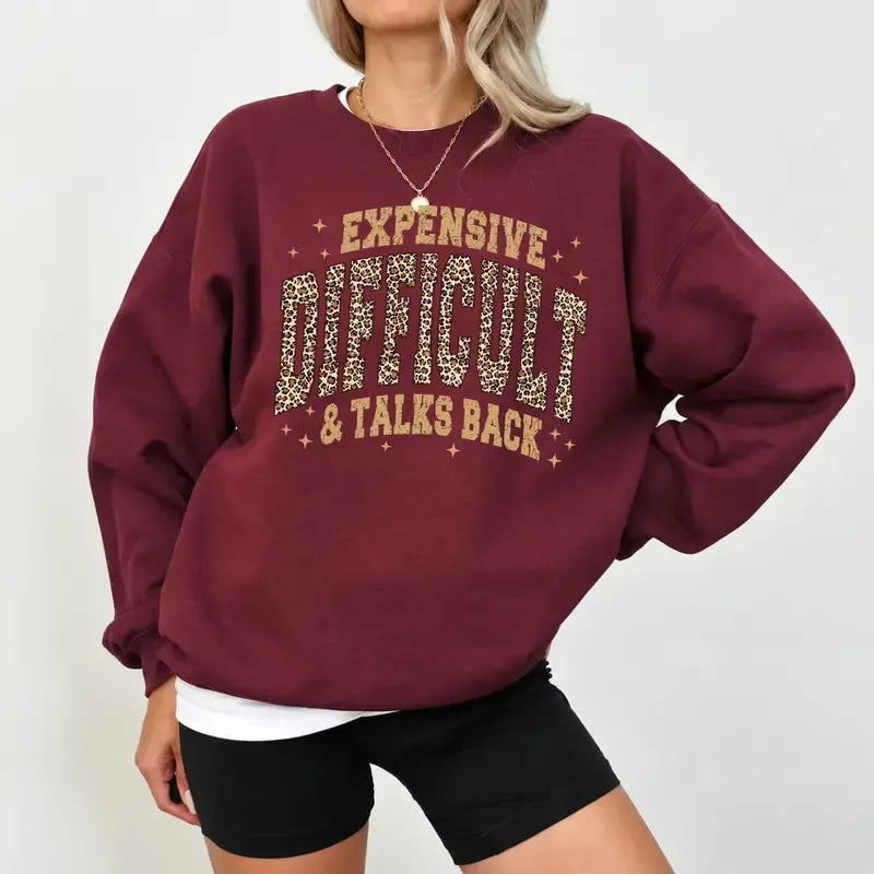 Expensive Difficult And Talks Back Leopard Print Lettering Gold Star Graphic T-Shirt / Sweatshirt / Hoodie