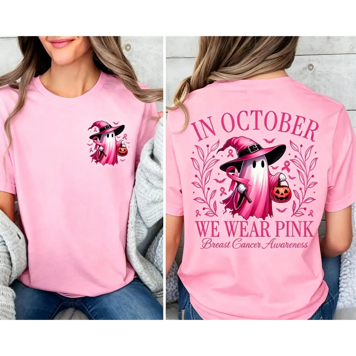 In October We Wear Pink Ghost Graphic Breast Cancer Awareness T-Shirt / Sweatshirt / Hoodie