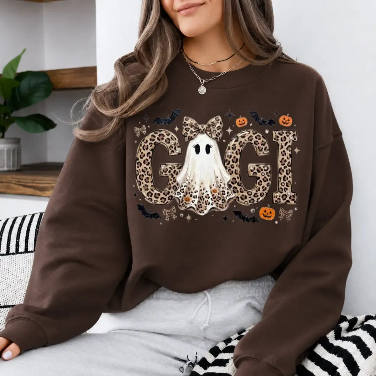 Custom Family Names Gigi Mimi Nana Mama Personalized Halloween Ghost Leopard Print T-Shirt / Sweatshirt / Hoodie