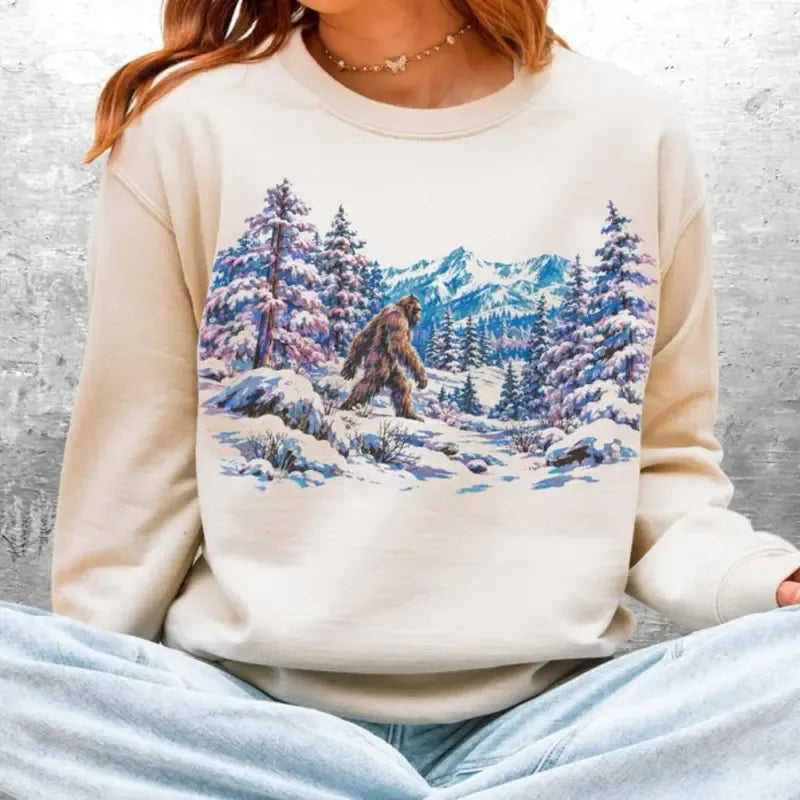 Vintage Sasquatch Snowy Forest Bigfoot Mountain Winter Cryptid Outdoorsy Gift T-Shirt / Sweatshirt / Hoodie
