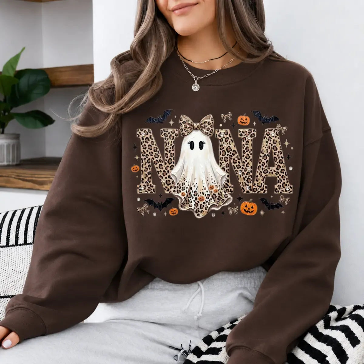 Custom Family Names Gigi Mimi Nana Mama Personalized Halloween Ghost Leopard Print T-Shirt / Sweatshirt / Hoodie
