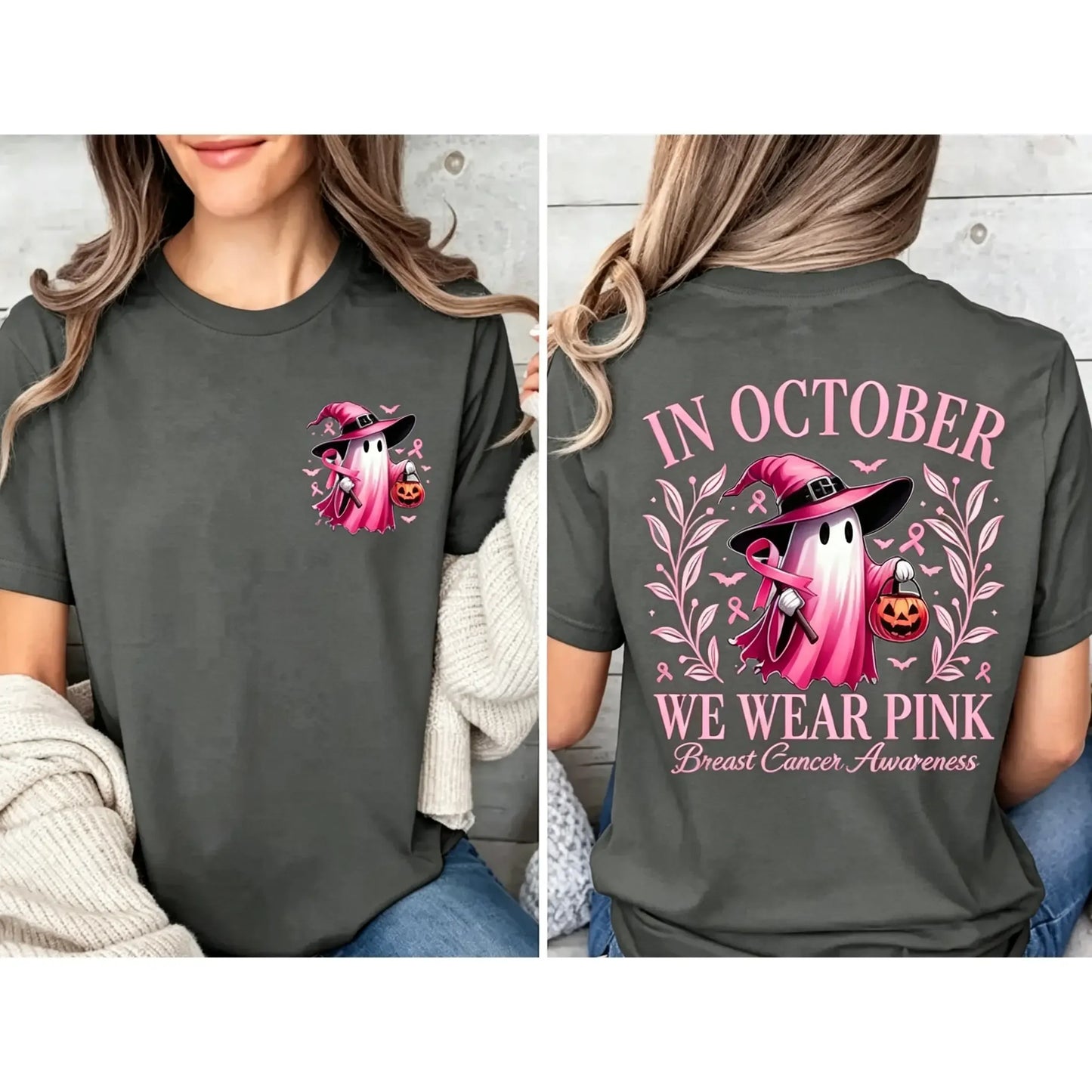 In October We Wear Pink Ghost Graphic Breast Cancer Awareness T-Shirt / Sweatshirt / Hoodie