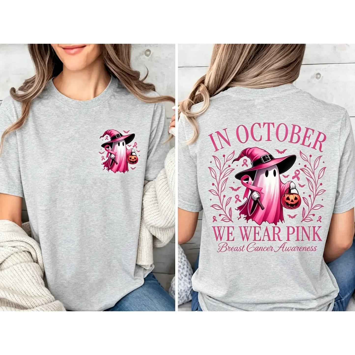 In October We Wear Pink Ghost Graphic Breast Cancer Awareness T-Shirt / Sweatshirt / Hoodie
