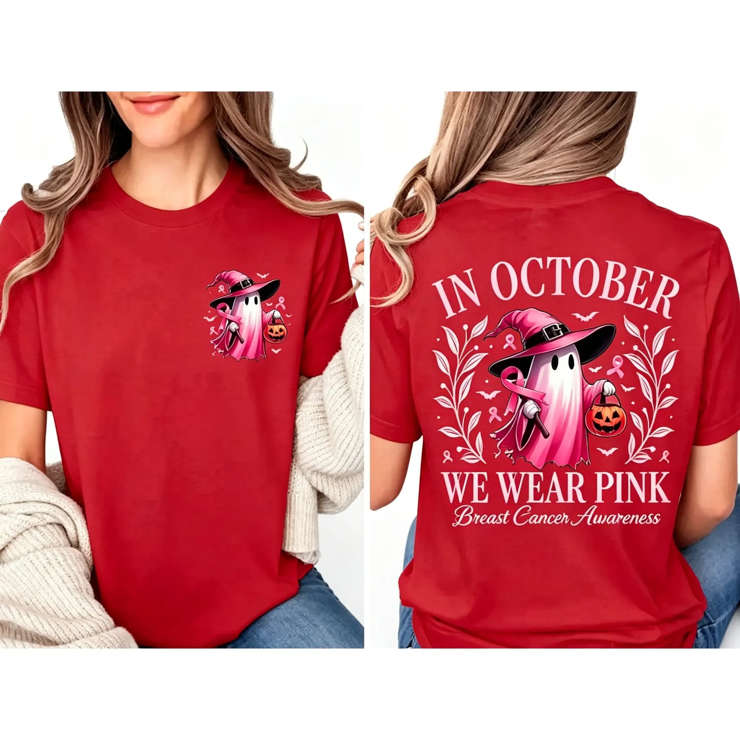 In October We Wear Pink Ghost Graphic Breast Cancer Awareness T-Shirt / Sweatshirt / Hoodie
