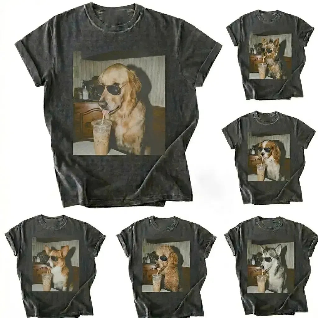 50+ Dog Breeds Available Drinking Iced Coffee T-Shirt / Sweatshirt / Hoodie