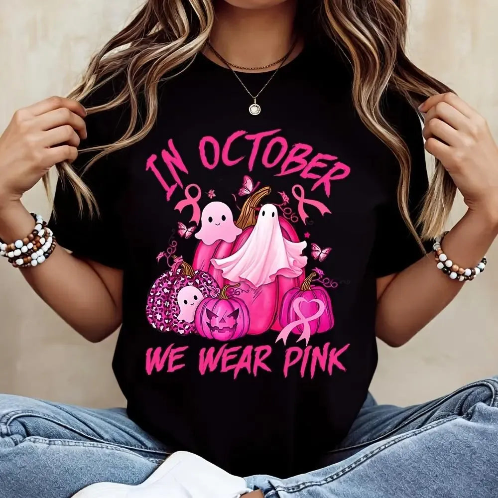 In October We Wear Pink Breast Cancer Awareness Halloween Autumn Festival Support Gift T-Shirt / Sweatshirt / Hoodie