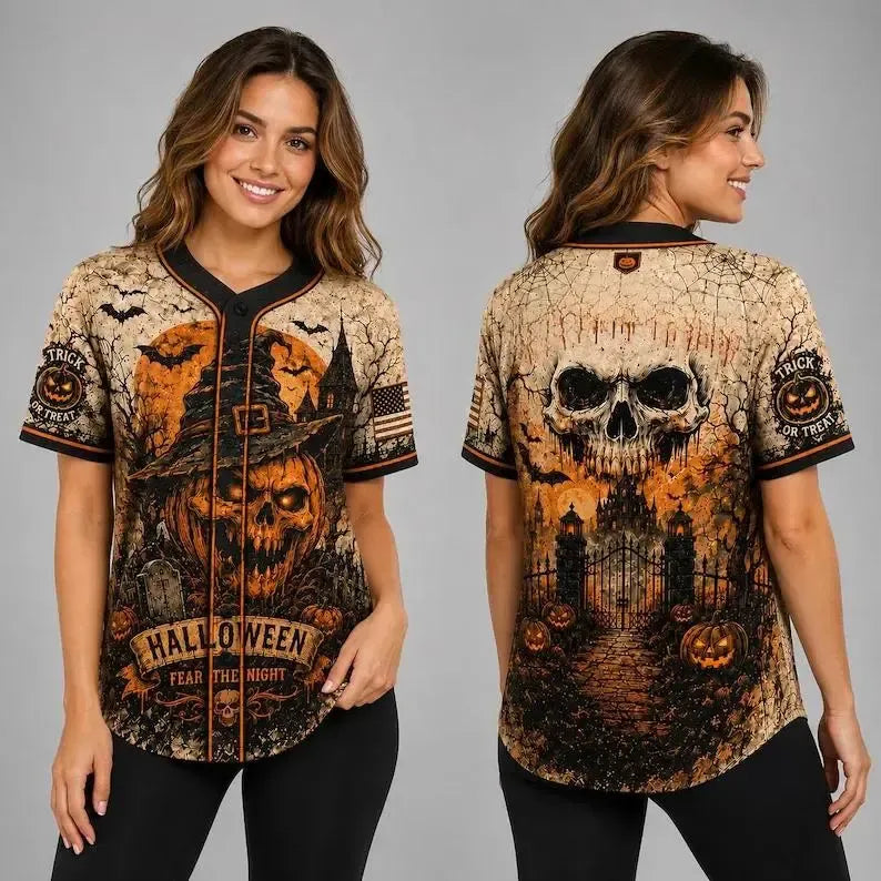 Skull Pumpkin Print Halloween Jersey