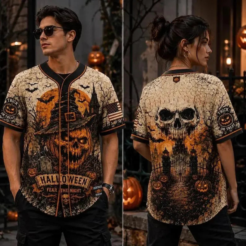 Skull Pumpkin Print Halloween Jersey