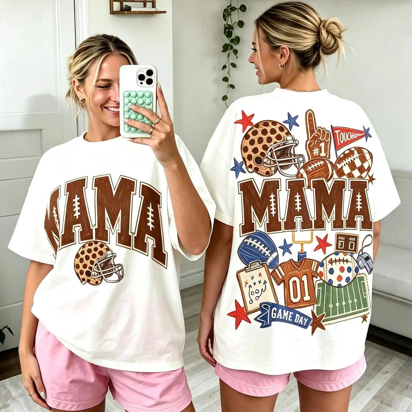 Mama Football Cute Game Day Casual Coquette Bow & Leopard Print Sports T-Shirt / Sweatshirt / Hoodie