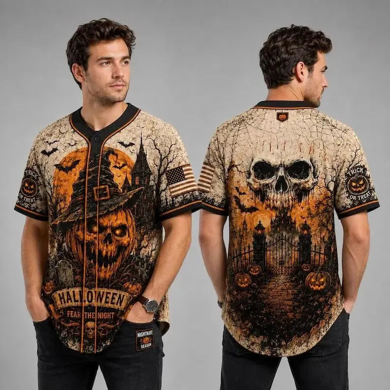 Skull Pumpkin Print Halloween Jersey