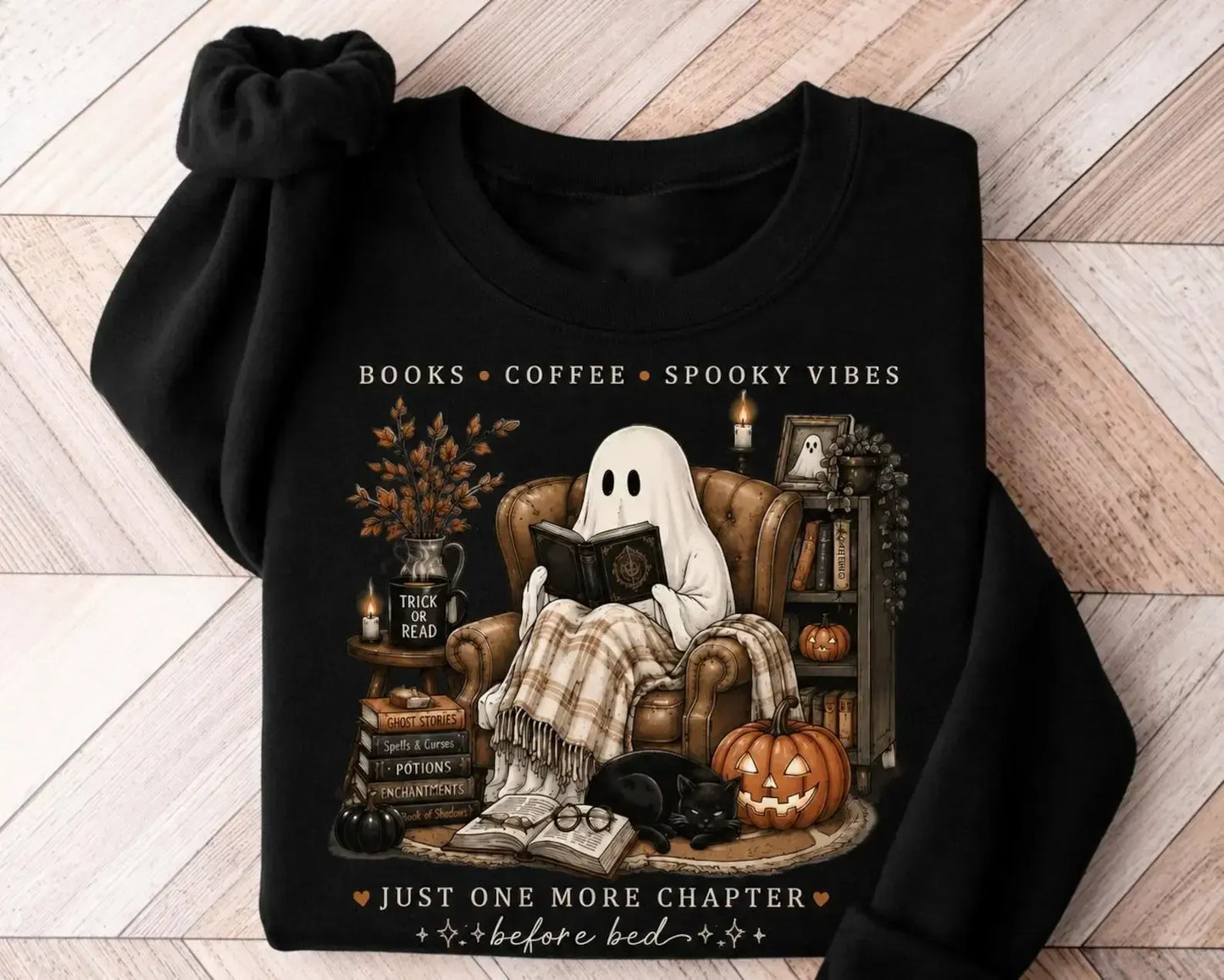 Cozy Ghost Reading Book Lover Spooky Vibes Cute Halloween Fall Graphic T-Shirt / Sweatshirt / Hoodie