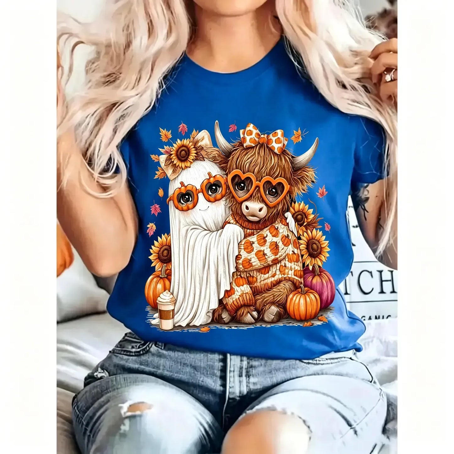 Fall Highland Cow Ghosts Pumpkin Halloween T-Shirt / Sweatshirt / Hoodie