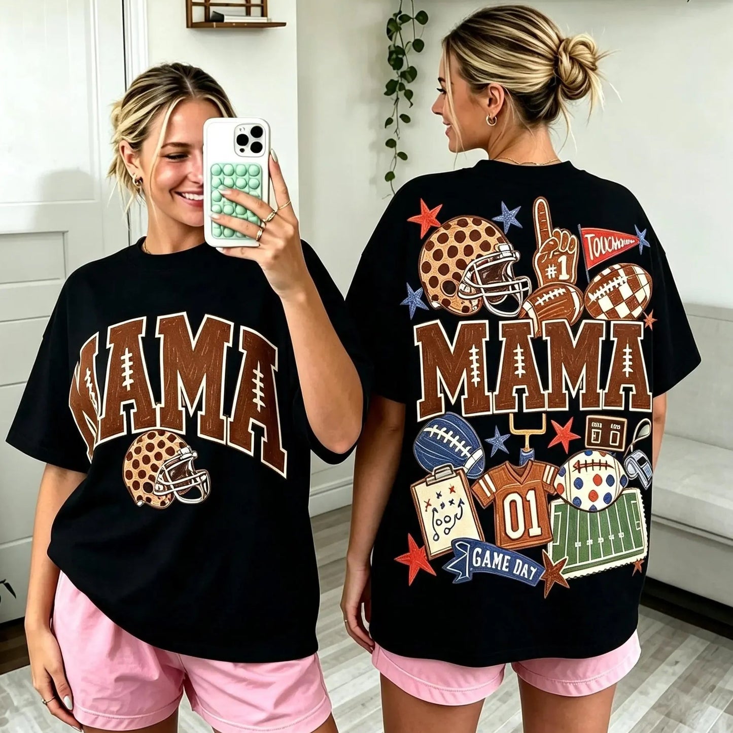 Mama Football Cute Game Day Casual Coquette Bow & Leopard Print Sports T-Shirt / Sweatshirt / Hoodie