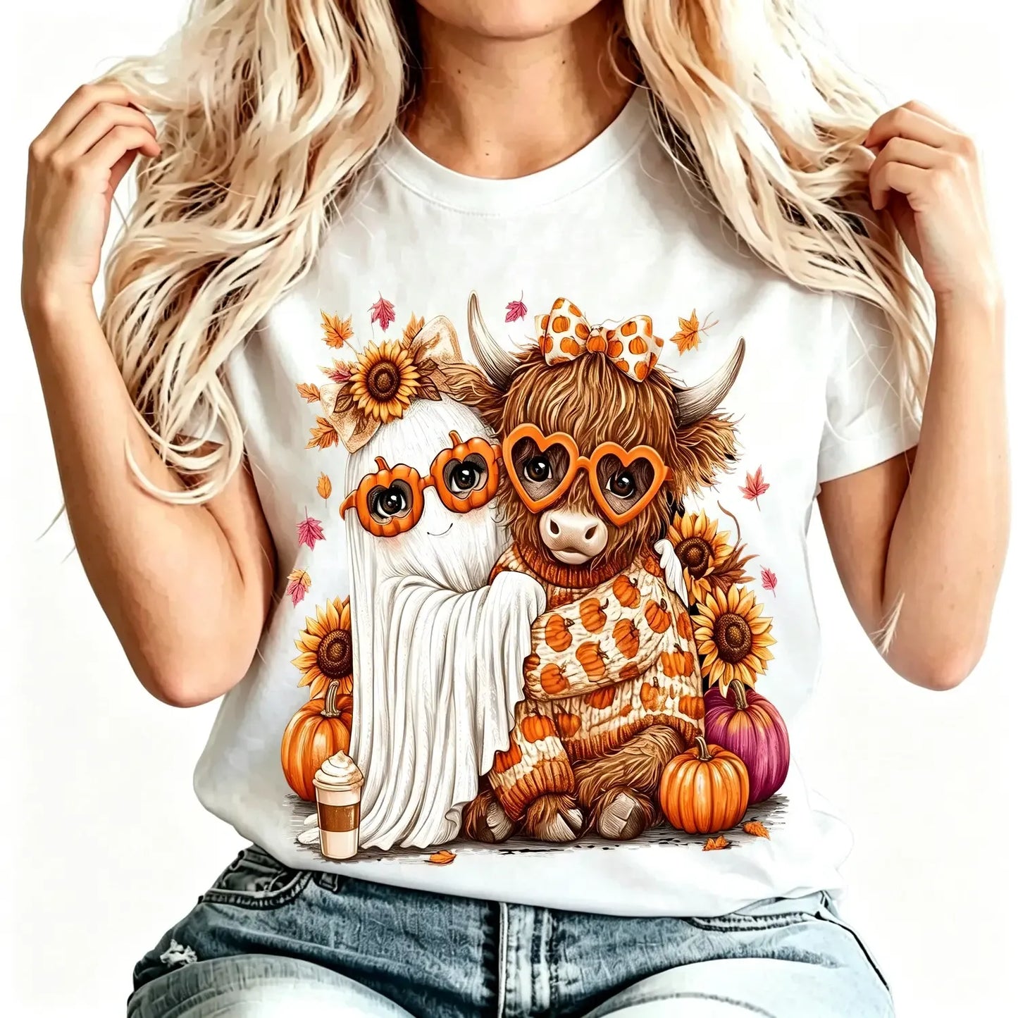 Fall Highland Cow Ghosts Pumpkin Halloween T-Shirt / Sweatshirt / Hoodie