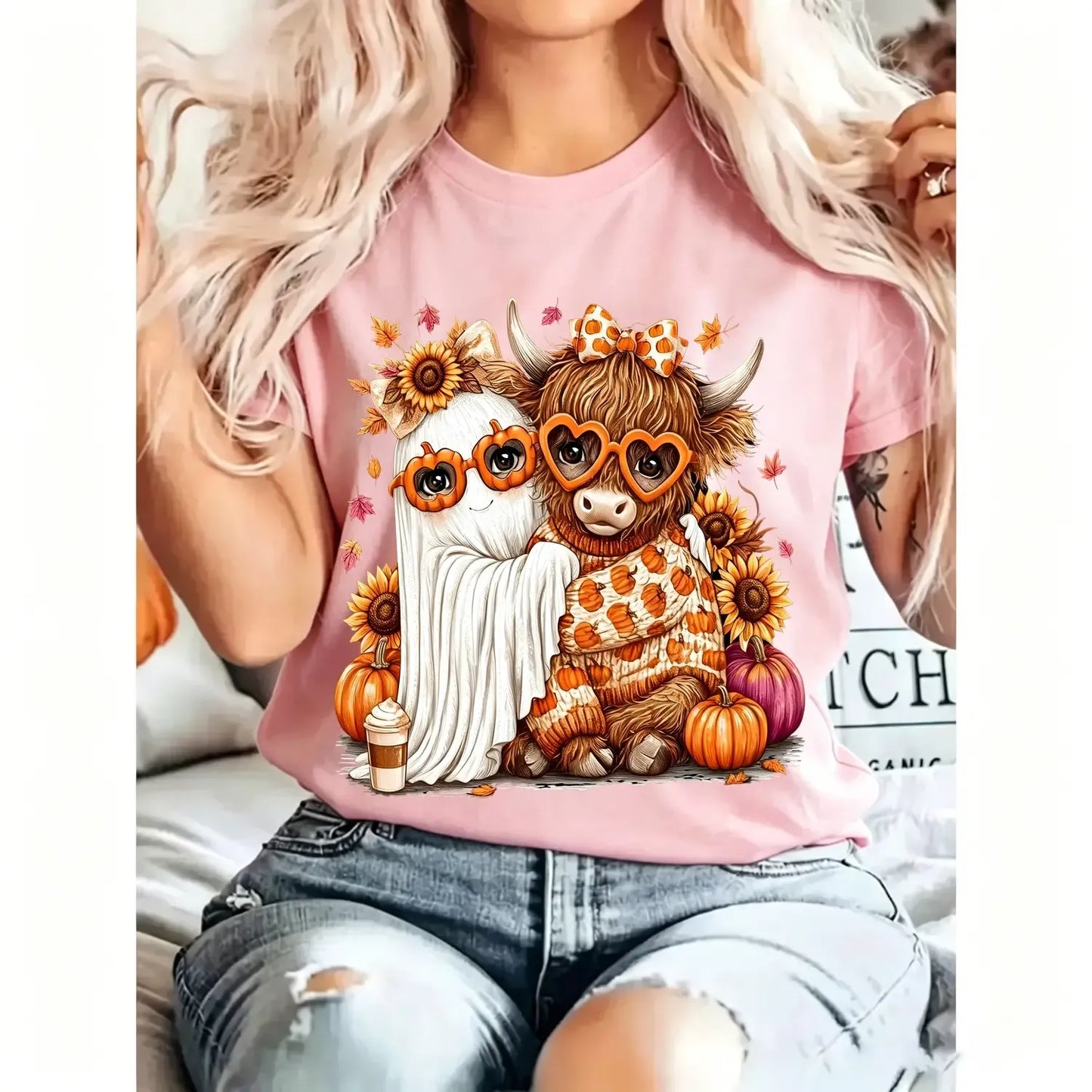 Fall Highland Cow Ghosts Pumpkin Halloween T-Shirt / Sweatshirt / Hoodie