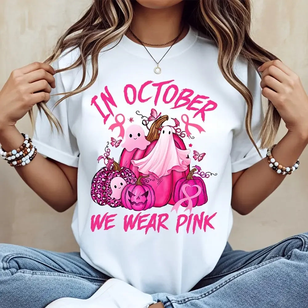 In October We Wear Pink Breast Cancer Awareness Halloween Autumn Festival Support Gift T-Shirt / Sweatshirt / Hoodie