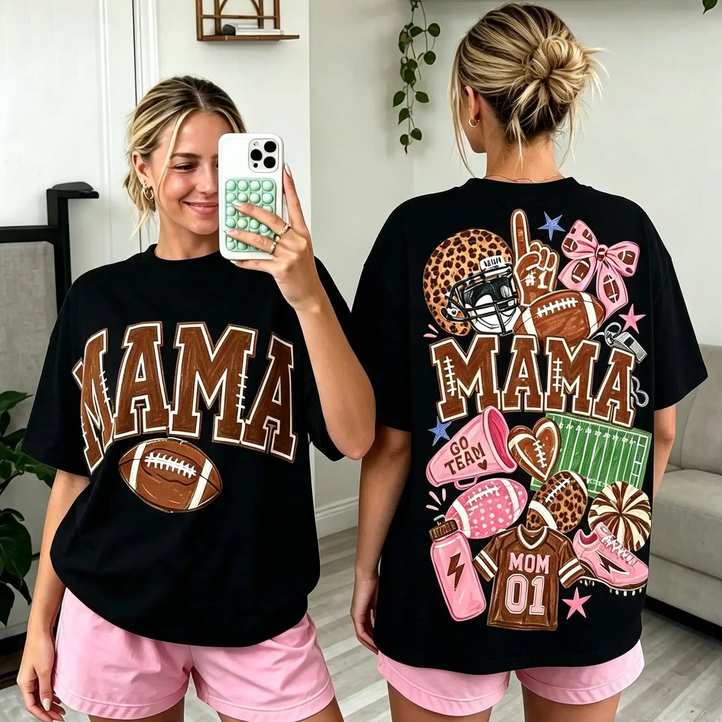 Mama Football Cute Game Day Casual Coquette Bow & Leopard Print Sports T-Shirt / Sweatshirt / Hoodie