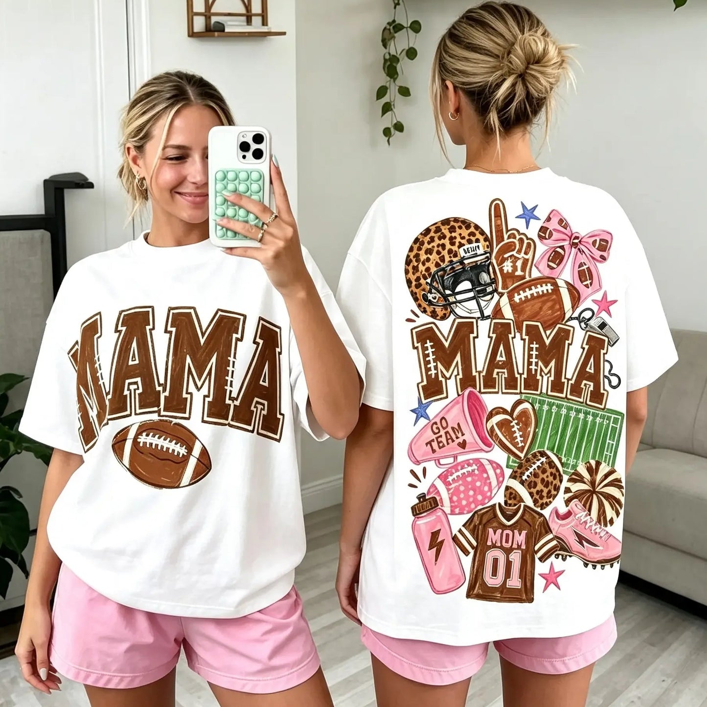 Mama Football Cute Game Day Casual Coquette Bow & Leopard Print Sports T-Shirt / Sweatshirt / Hoodie