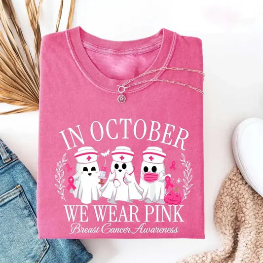 In October We Wear Pink Ghost Nurse Oncology Halloween Graphic Pink Ribbon Breast Cancer Awareness T-Shirt / Sweatshirt / Hoodie