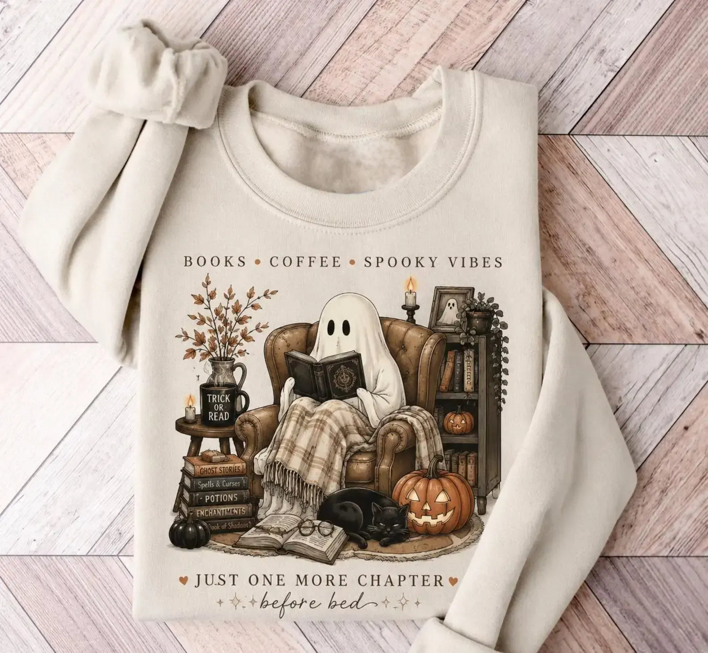 Cozy Ghost Reading Book Lover Spooky Vibes Cute Halloween Fall Graphic T-Shirt / Sweatshirt / Hoodie