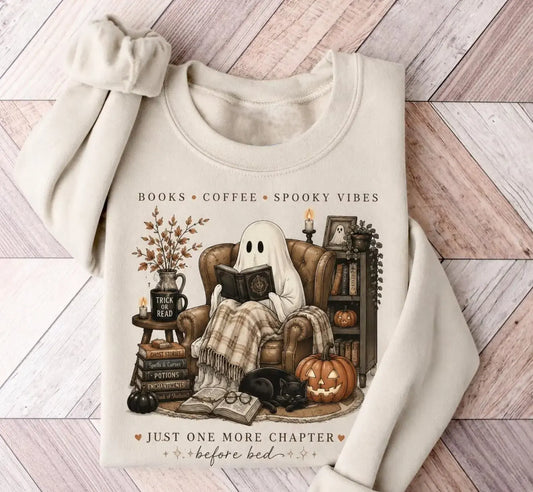 Cozy Ghost Reading Book Lover Spooky Vibes Cute Halloween Fall Graphic T-Shirt / Sweatshirt / Hoodie