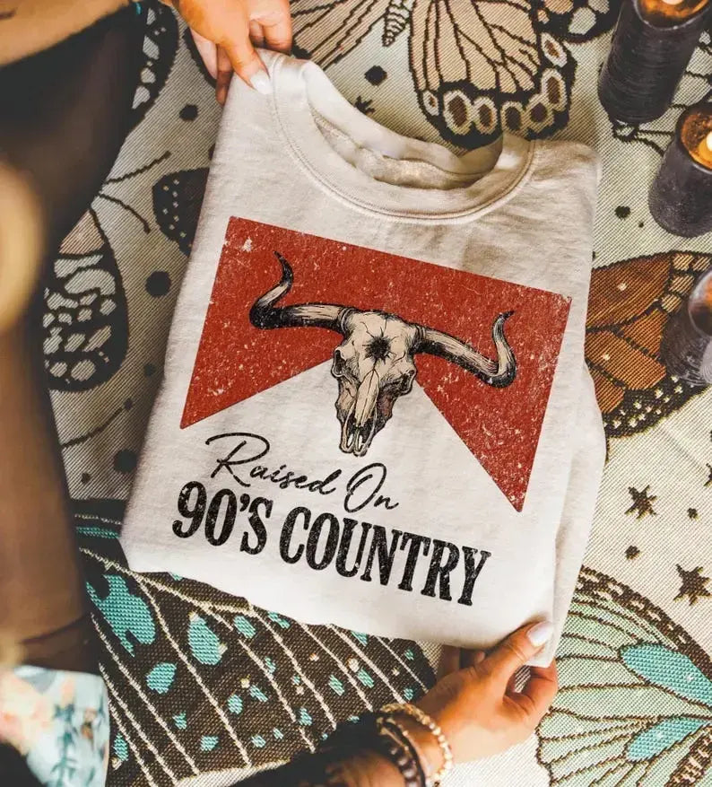 Raised On 90s Country Distressed Vintage Western Bull Skull T-Shirt / Sweatshirt / Hoodie