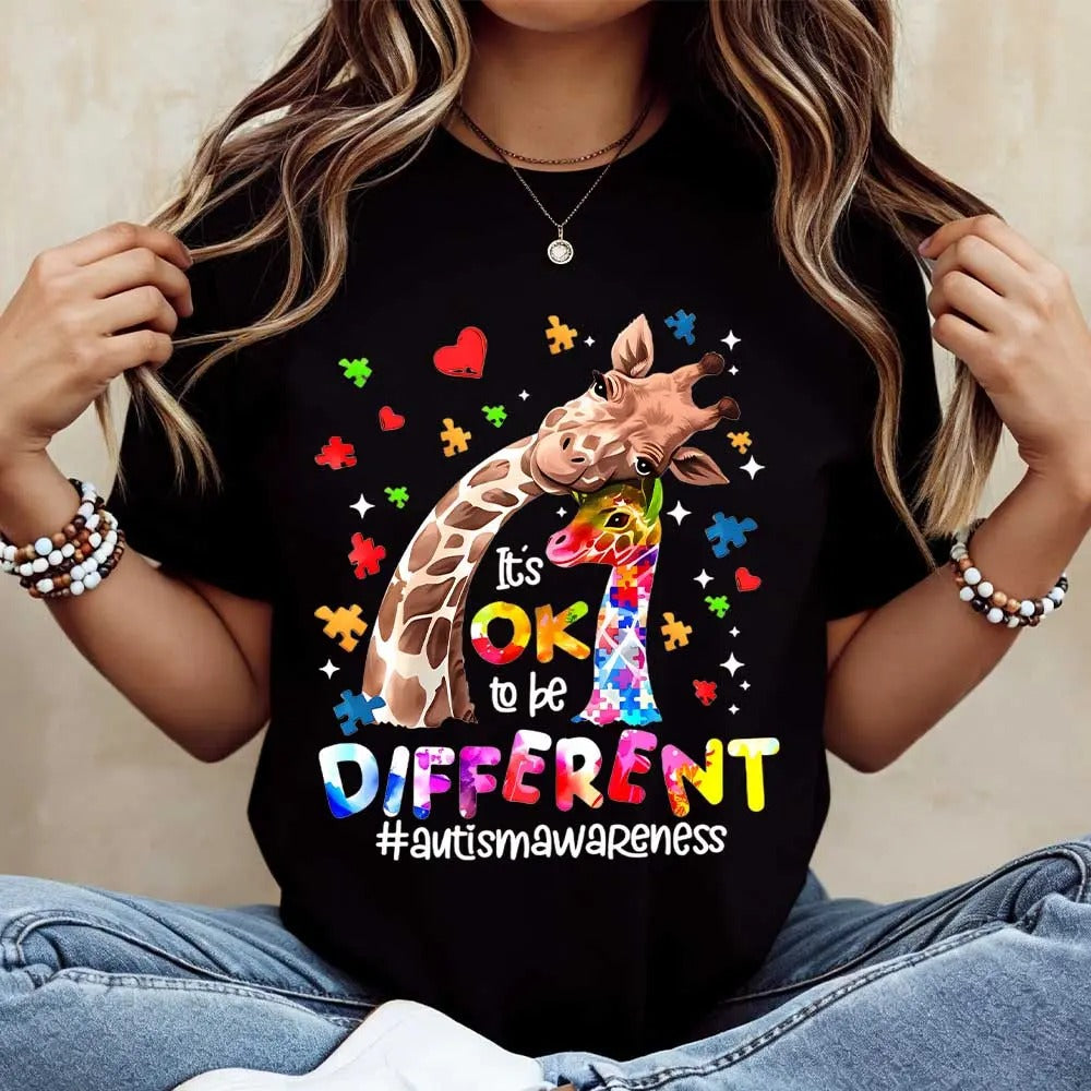 Giraffe With Puzzle Pieces And Hearts Print Ok To Be Different Autism Awareness T-Shirt / Sweatshirt / Hoodie