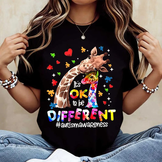 Giraffe With Puzzle Pieces And Hearts Print Ok To Be Different Autism Awareness T-Shirt / Sweatshirt / Hoodie