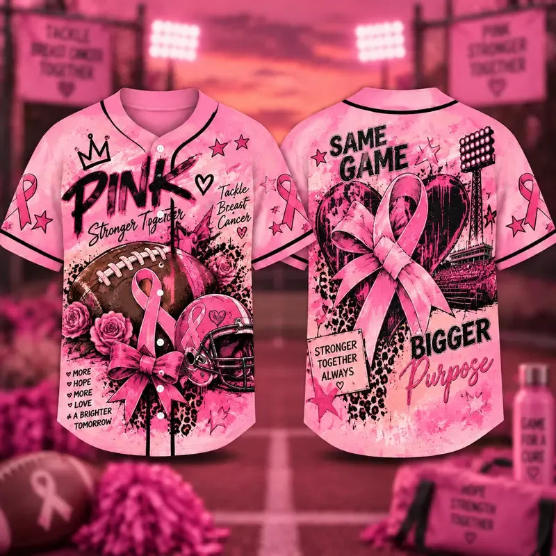 Tackle Breast Cancer Women Baseball Jersey - Football Pink Ribbon Awareness Graphic Jersey