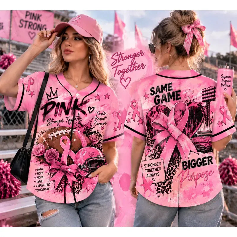 Tackle Breast Cancer Women Baseball Jersey - Football Pink Ribbon Awareness Graphic Jersey