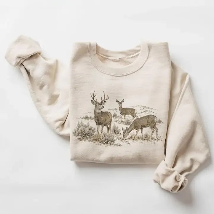 Retro 90's Buck & Doe Mule Deer Sagebrush Hill Scene T-Shirt / Sweatshirt / Hoodie