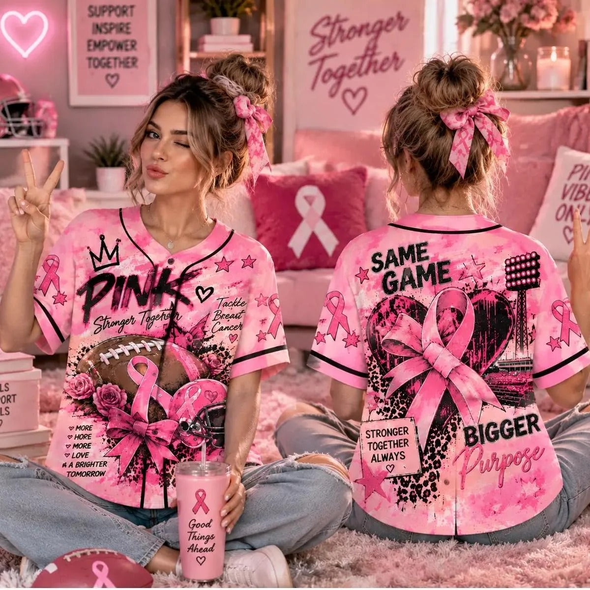 Tackle Breast Cancer Women Baseball Jersey - Football Pink Ribbon Awareness Graphic Jersey