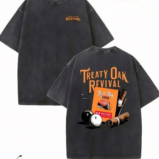 With Black Background Orange Treaty Oak Revival Text And Pattern Print T-Shirt / Sweatshirt / Hoodie