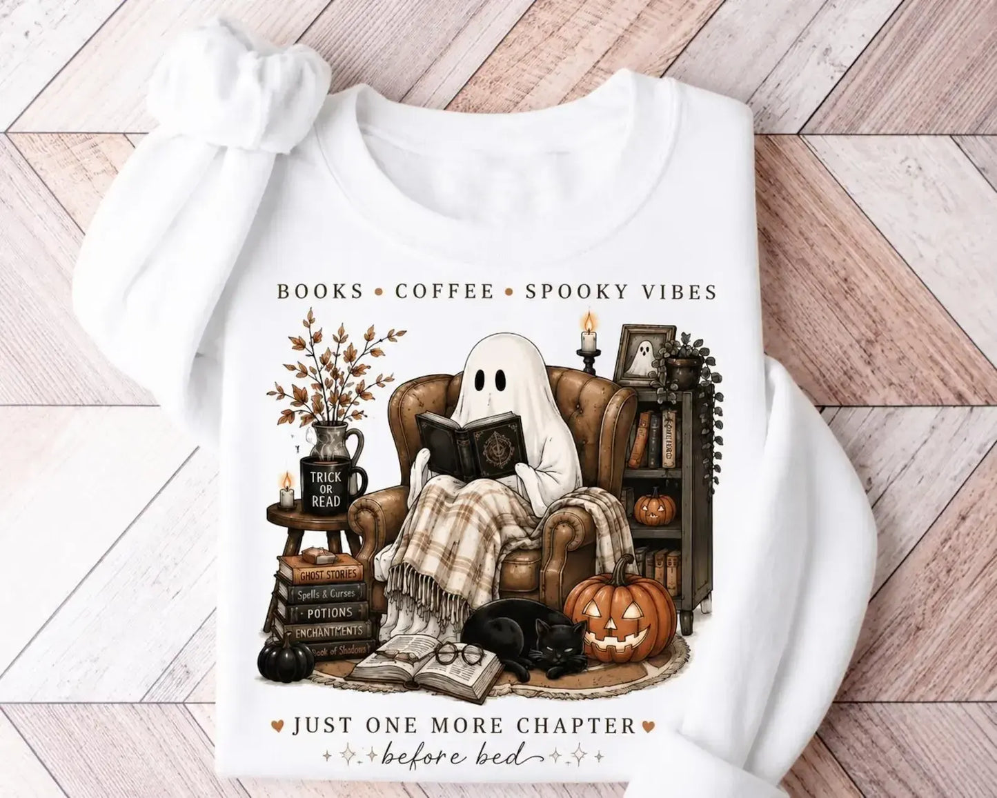 Cozy Ghost Reading Book Lover Spooky Vibes Cute Halloween Fall Graphic T-Shirt / Sweatshirt / Hoodie