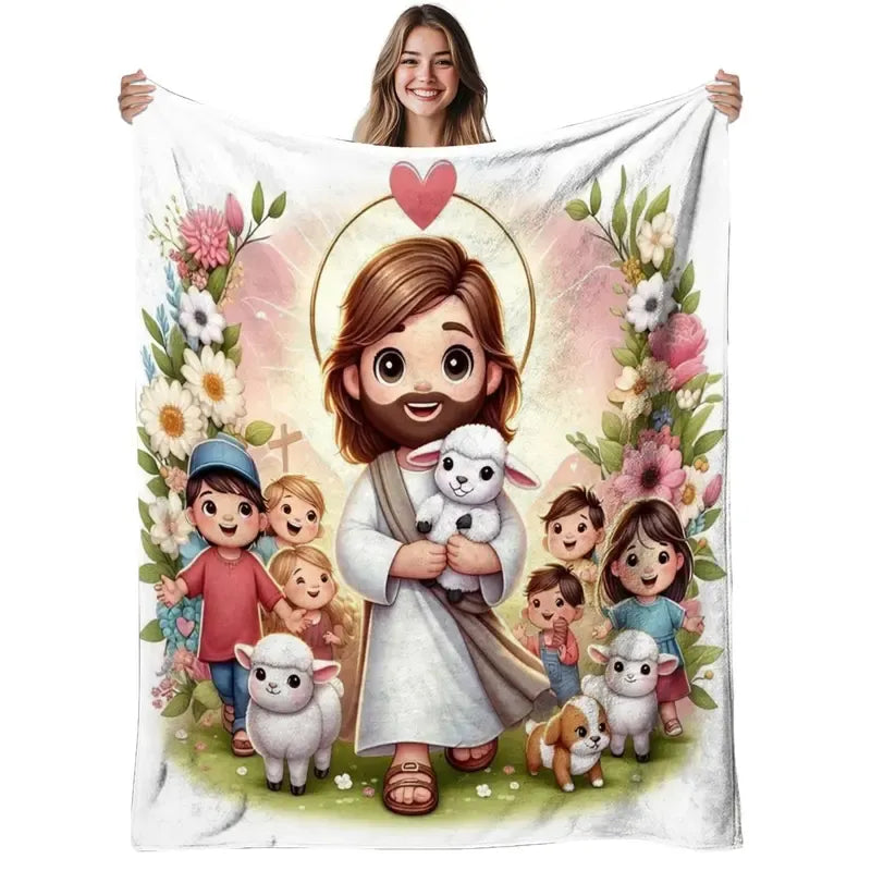 Cute Jesus With Lambs And Children Floral Christian Faith Religious Inspirational Cozy Flannel Throw Blanket