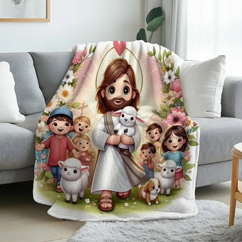 Cute Jesus With Lambs And Children Floral Christian Faith Religious Inspirational Cozy Flannel Throw Blanket